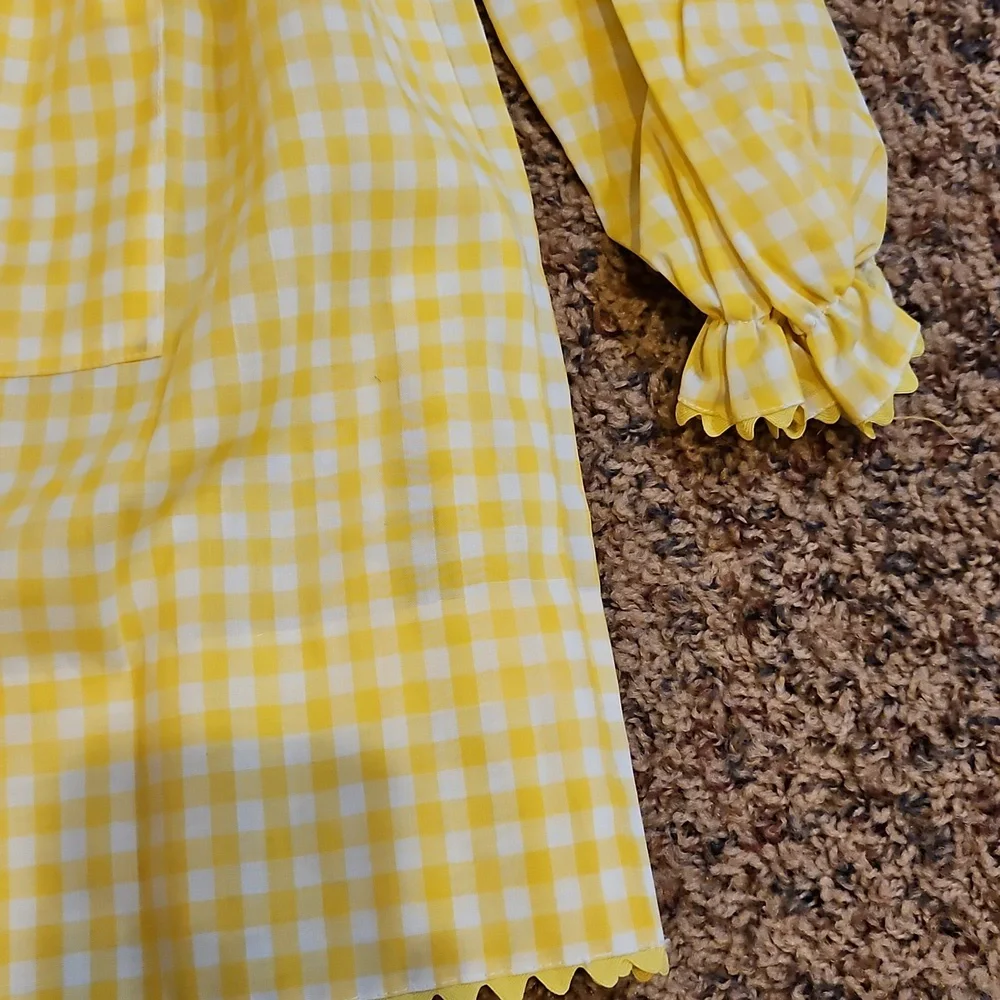 Vintage Yellow White Gingham Long Sleeve Dress Checker Handmade 70s Girls Kids